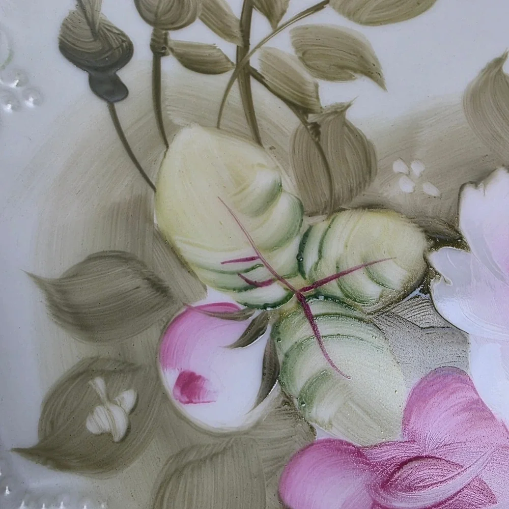 Antique Lefton Hand Painted Pink Rose Porcelain Cake Plate Gold Gilt Scallop Rim